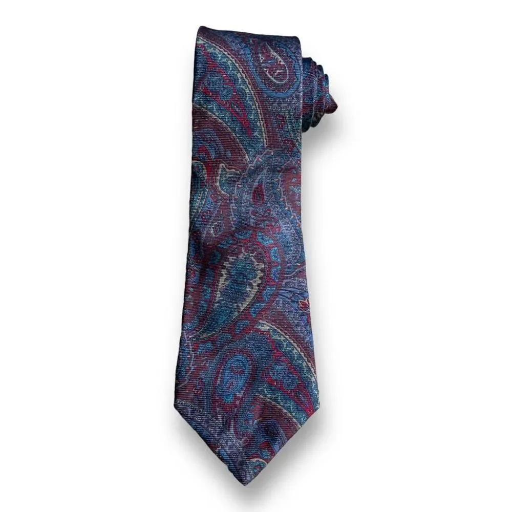 Vintage  Tie Burgundy Blue Retro‎ Paisley Print Silk Heritage Preppy Old Money